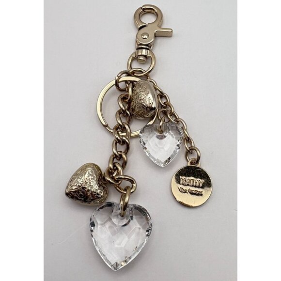 Kathy Van Zeeland Heart Charm Keychain Chunky Gold Tone with Clear Hearts - Picture 5 of 7